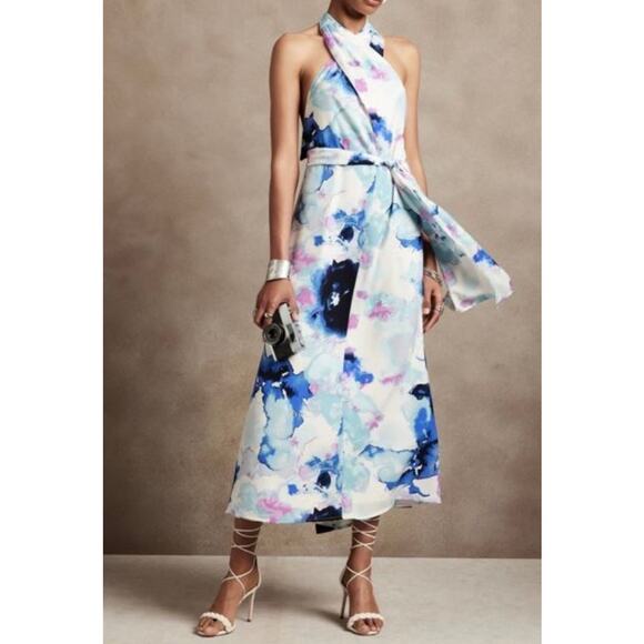 Banana Republic Halter Maxi Dress Blue Purple Watercolor Sz XL Backless Evening - Picture 2 of 13